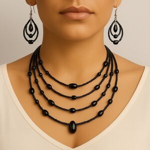 Silver Layered Illusion Necklace & Drop Earrings Set – Black Beads  For Women
